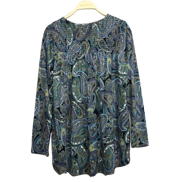 JJill Women TShirt Tunic Size XS Paisley Smocked Long Sleeve Blue Green Retro - Picture 3 of 11